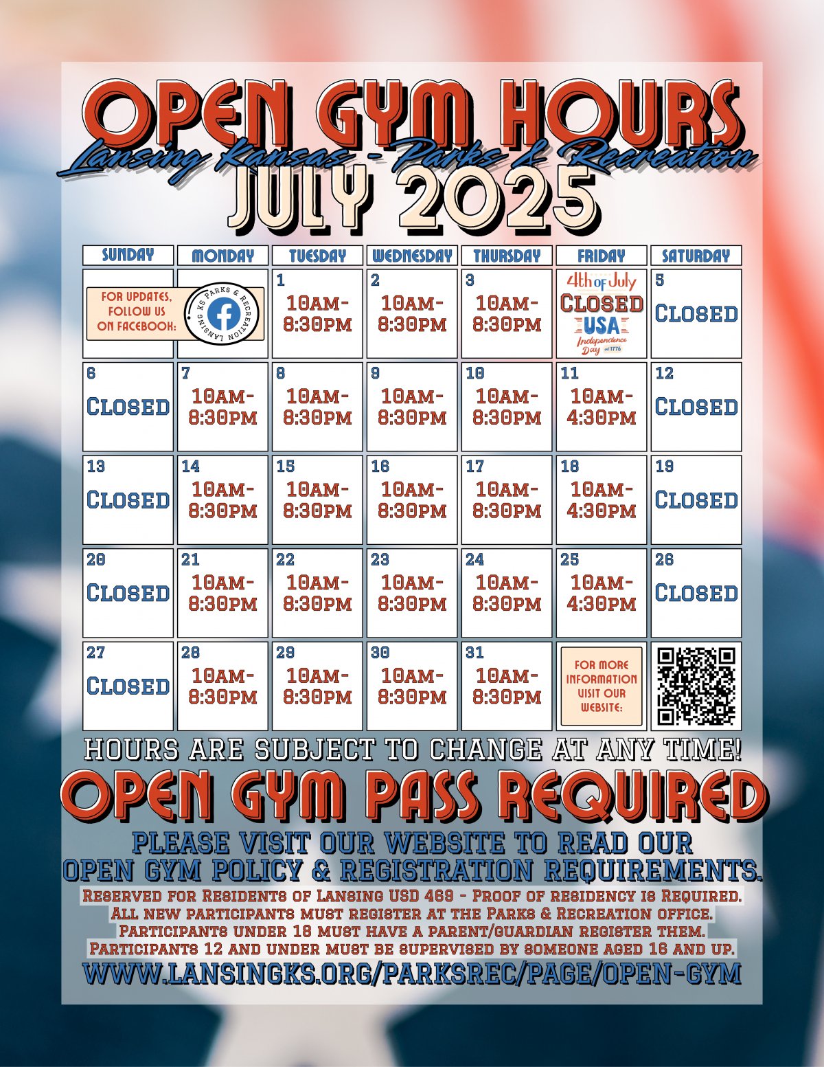 Open Gym Hours for JULY 2025