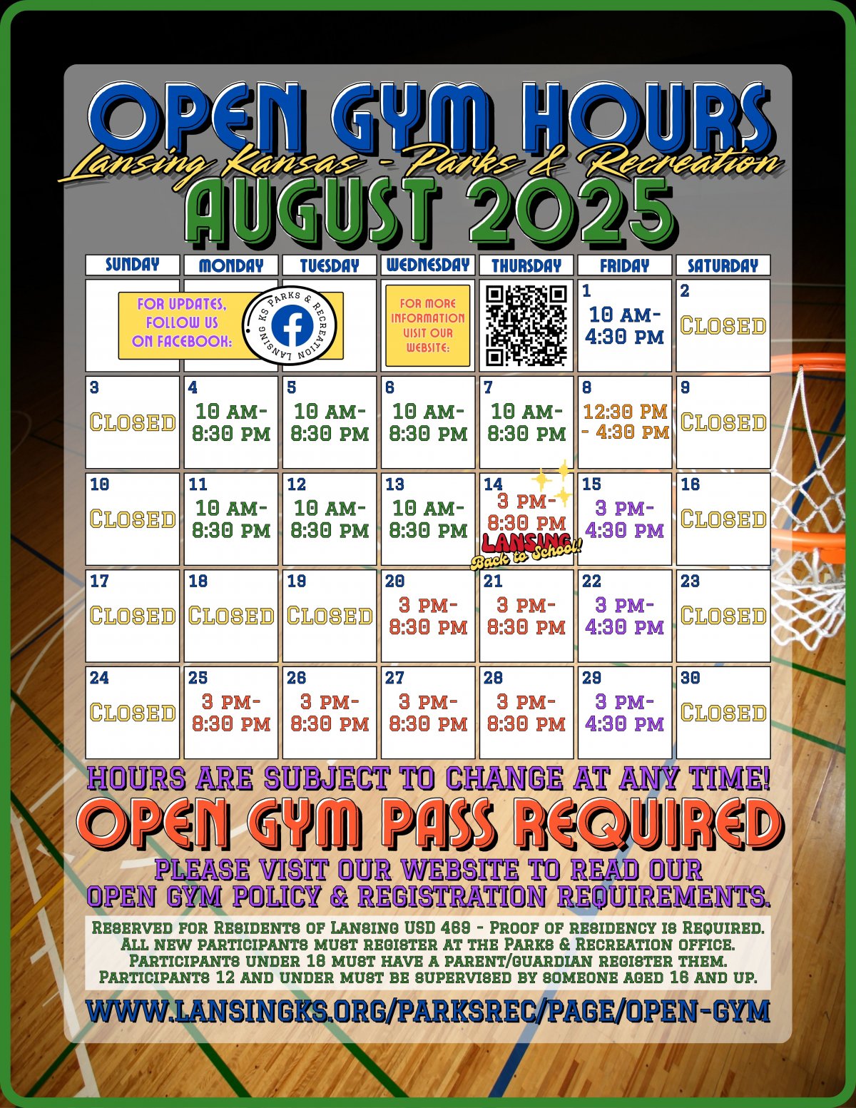 Open Gym Hours for August 2025